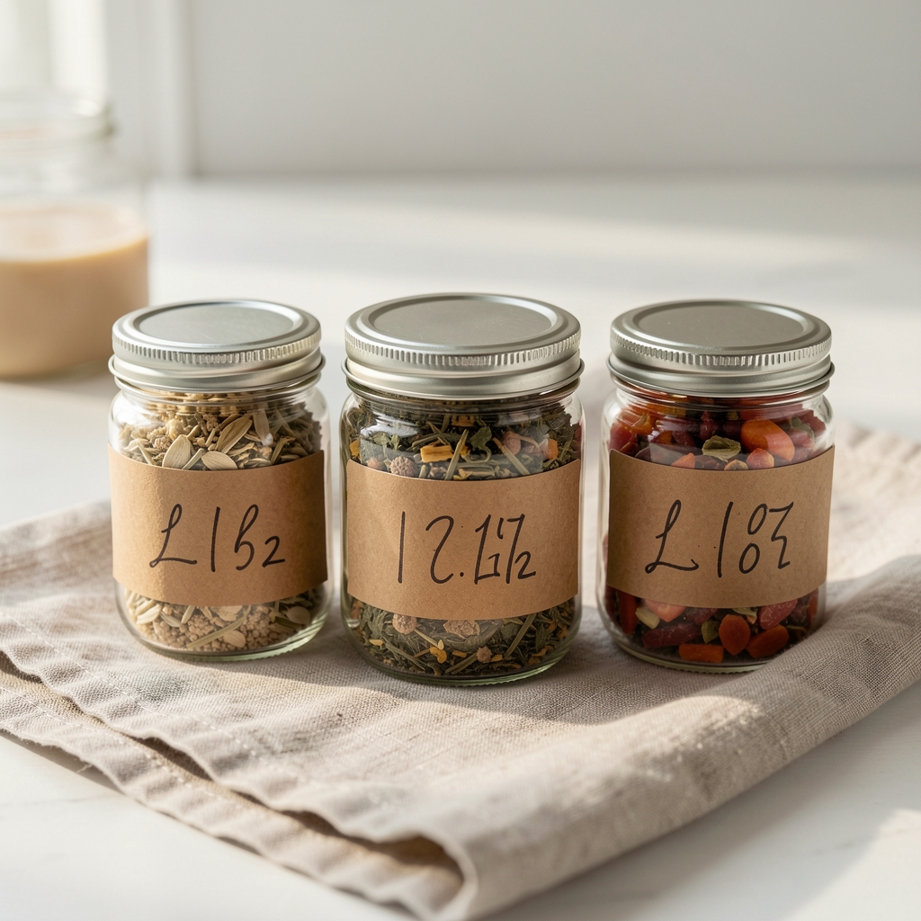 Ingredient sample jars with handwritten lot numbers on kraft paper labels, arranged on a linen cloth in a clean workspace