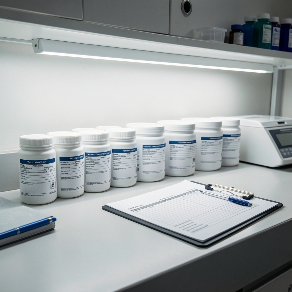 Quality control bench with lined supplement containers under controlled lighting, batch record clipboard visible on surface