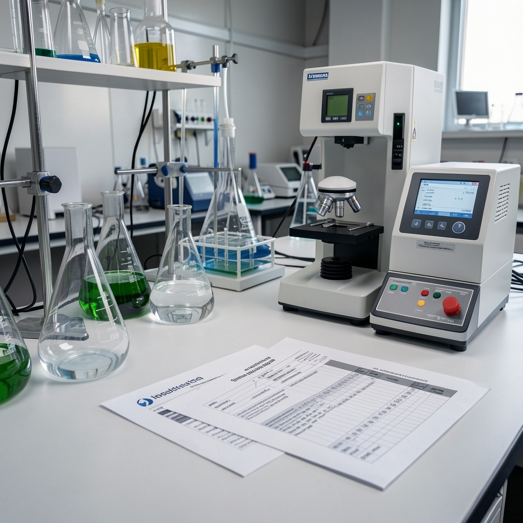 Independent laboratory workspace with glass instruments, elemental analysis equipment and printed batch report documents under controlled studio lighting