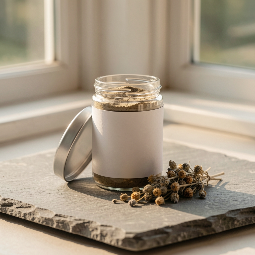 Solev Core supplement container on a flat stone surface with dried herb detail, natural morning light from window