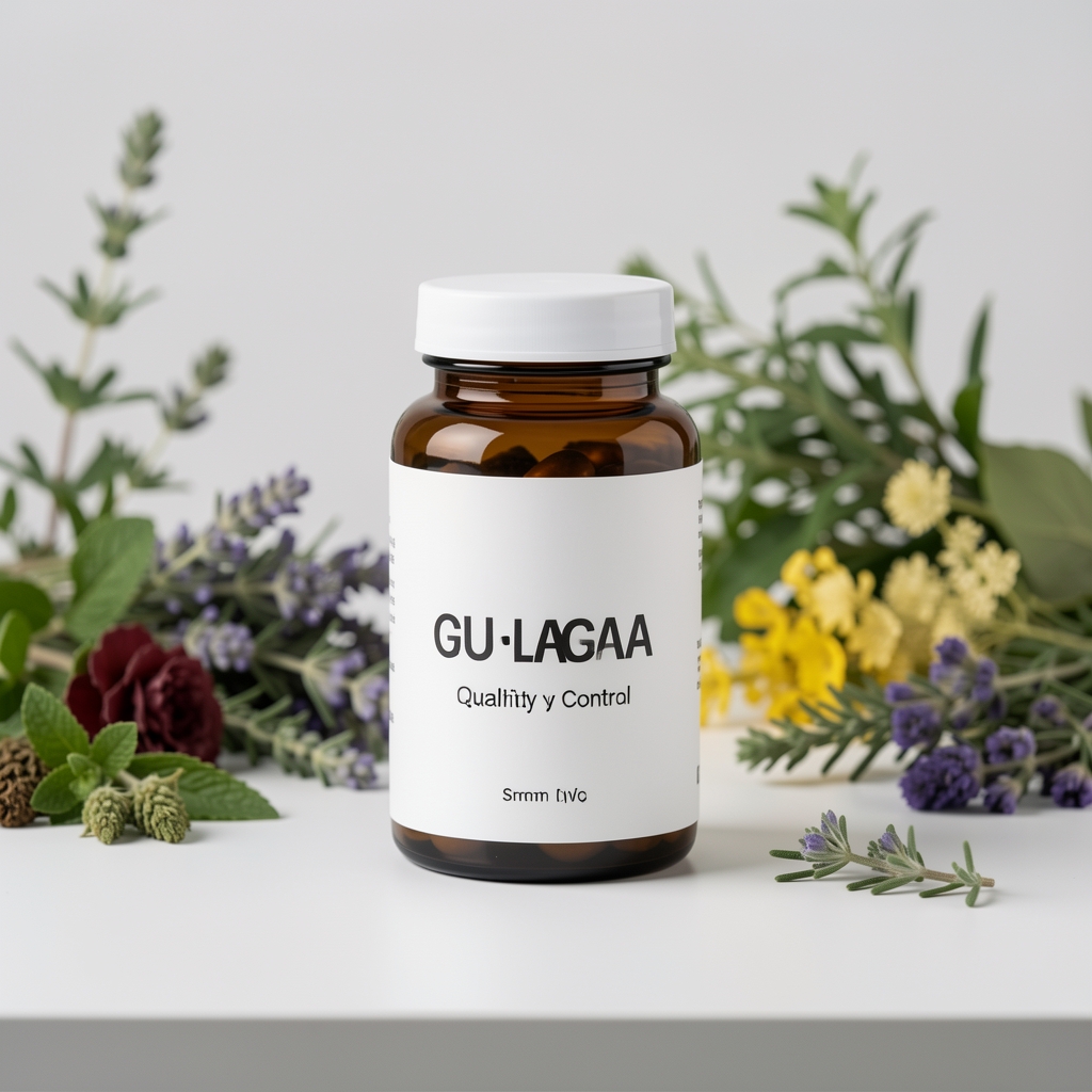 Solev Sustain supplement bottle with herbal background on clean table, quality-control environment, soft studio lighting